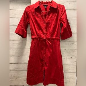 H&M red button up collared midi dress with 3/4 sleeve cuffs
